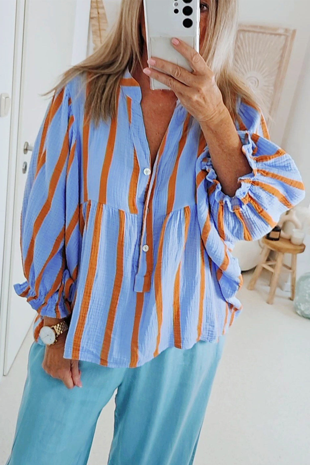 Orange Stripe Crinckled Ruffled Sleeve Button up Loose Shirt