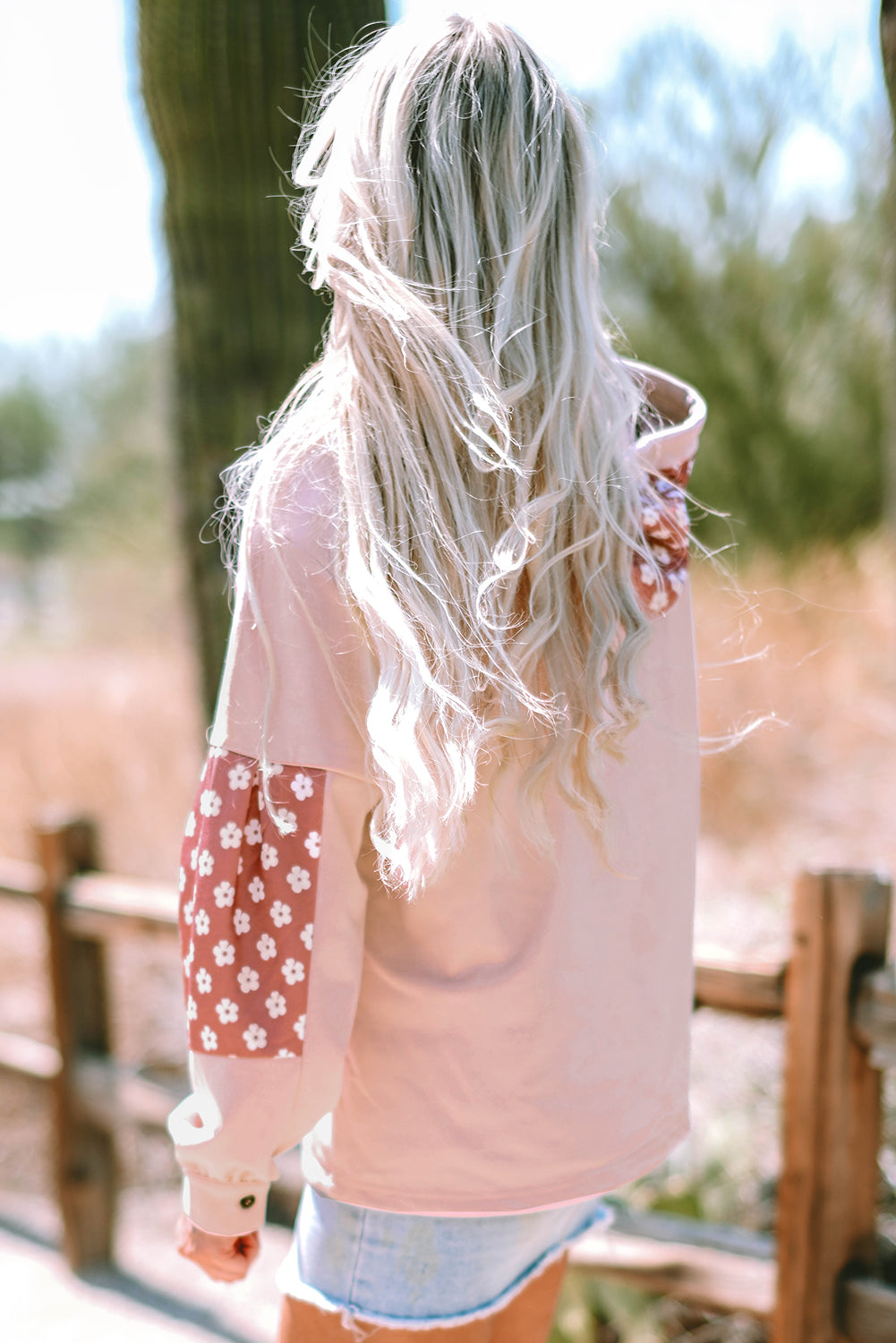 Apricot Floral Patchwork Star Pattern Drawstring Hoodie