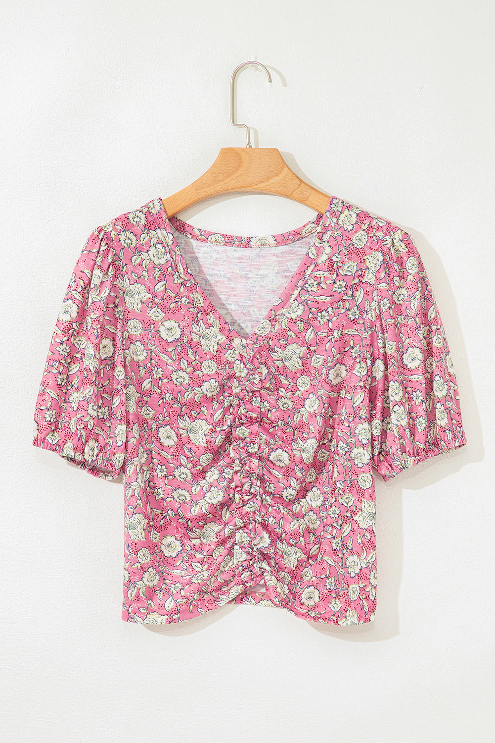 Pink Floral Short Puff Sleeve V Neck Ruched Blouse