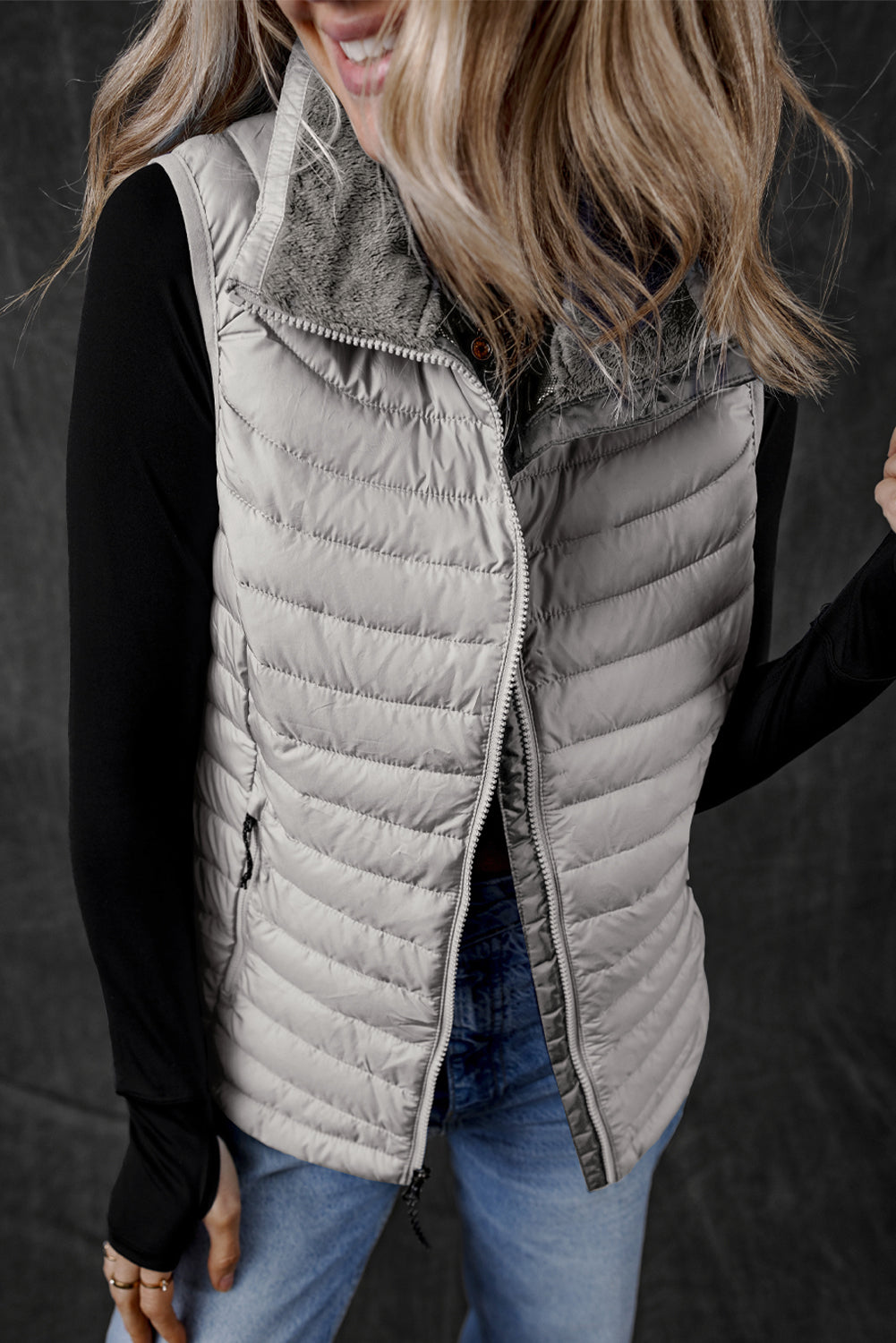 Burgundy Plush Collared Quilted Zipped Puffer Vest