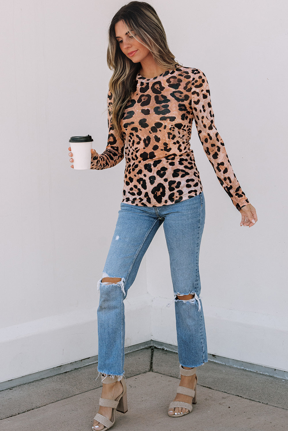 Brown Leopard Round Neck Long Sleeve Slim Top