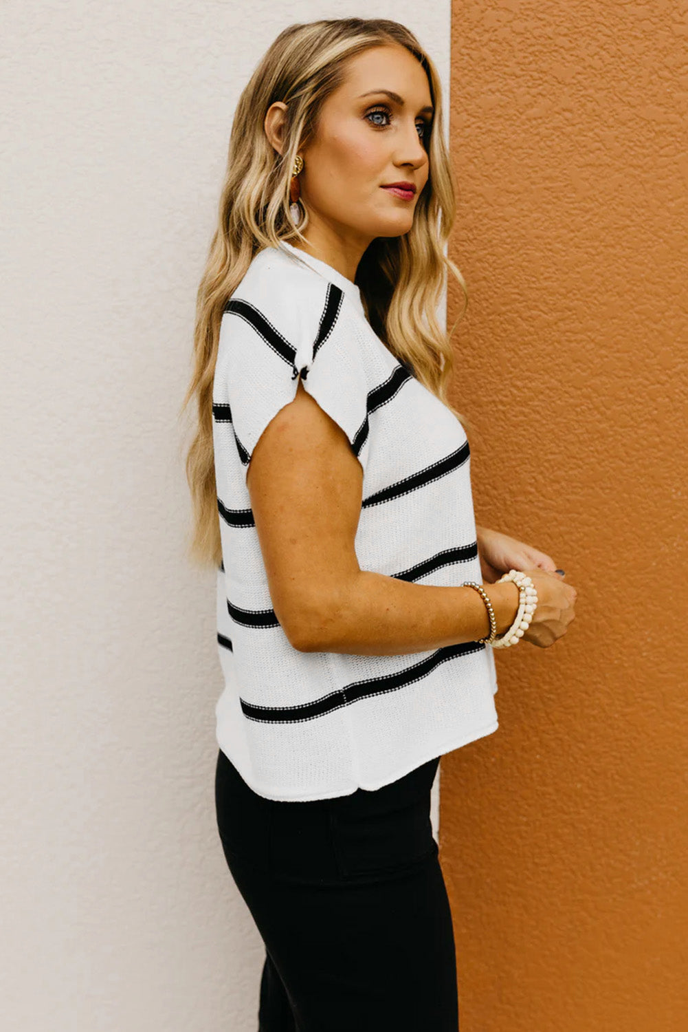 White Striped Batwing Sleeve Sweater Tee