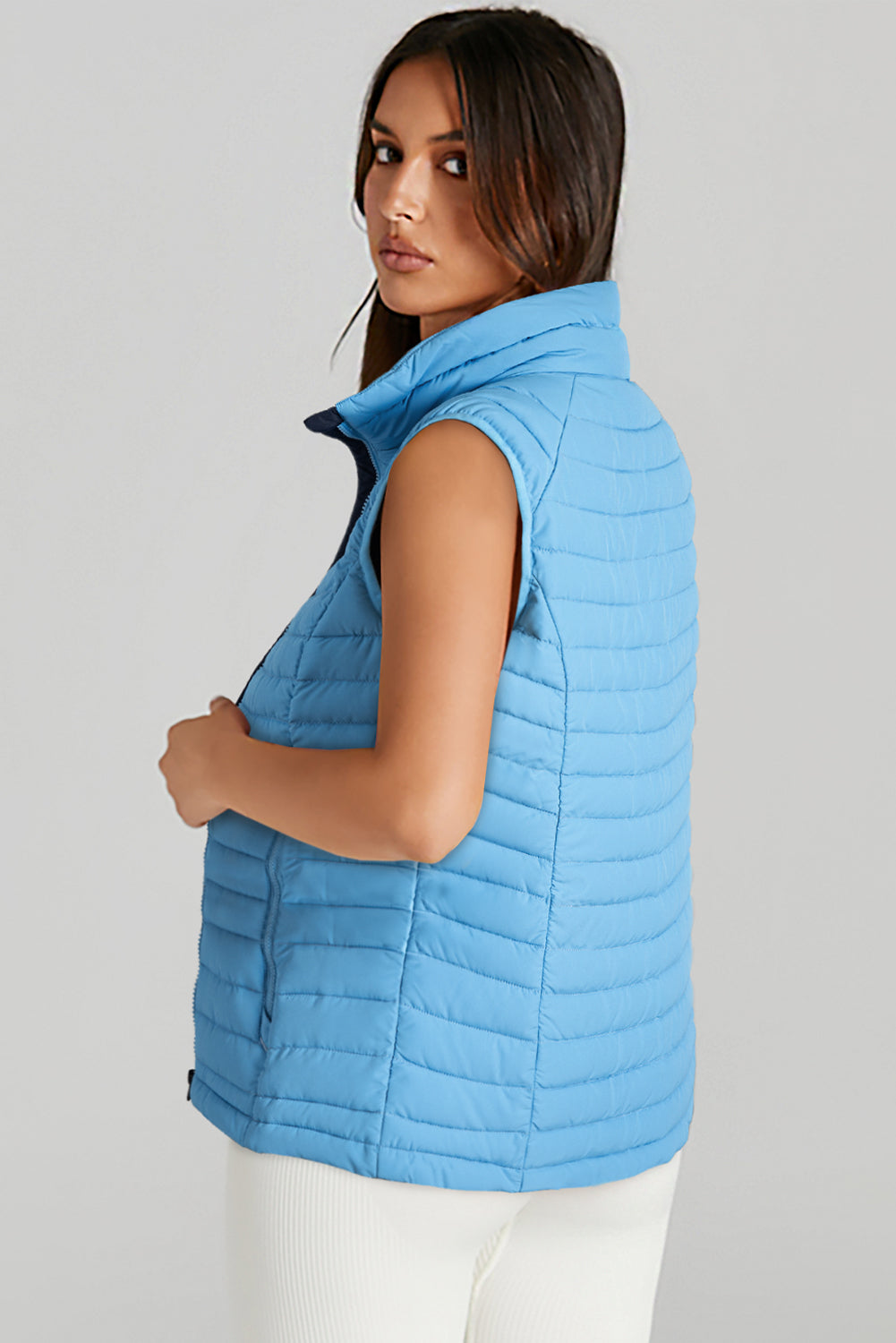 Burgundy Plush Collared Quilted Zipped Puffer Vest