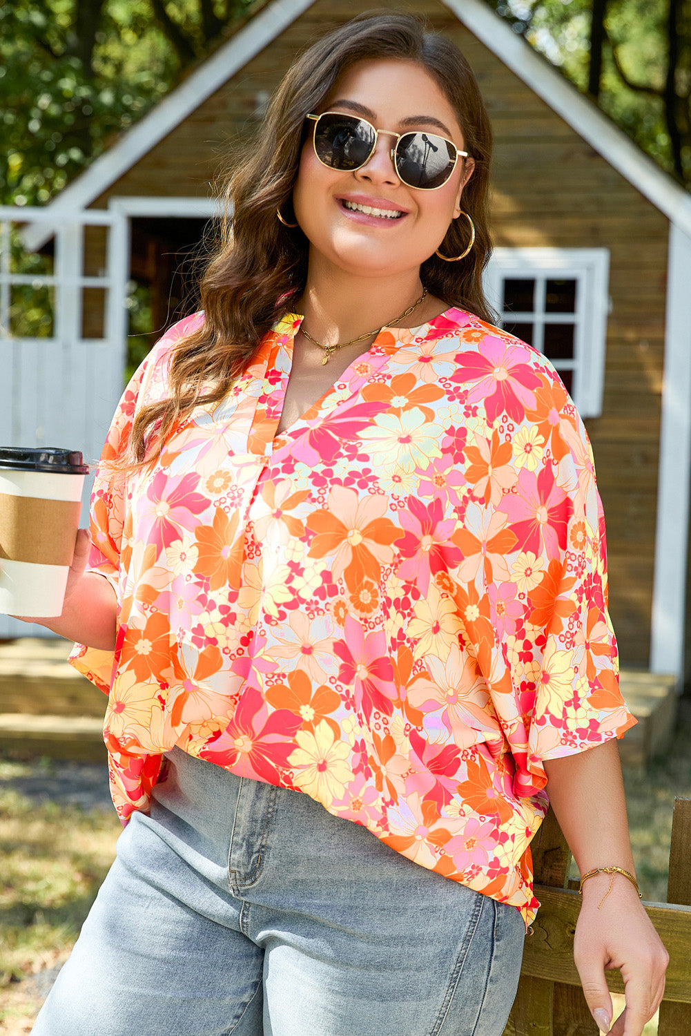 Red Floral Short Sleeve Slit Neck Plus Size Blouse