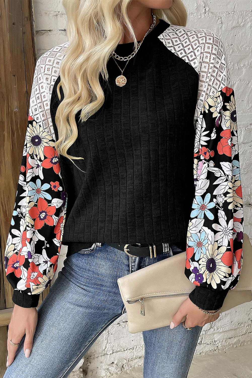 Parchment Floral Patchwork Long Sleeve Ribbed Blouse