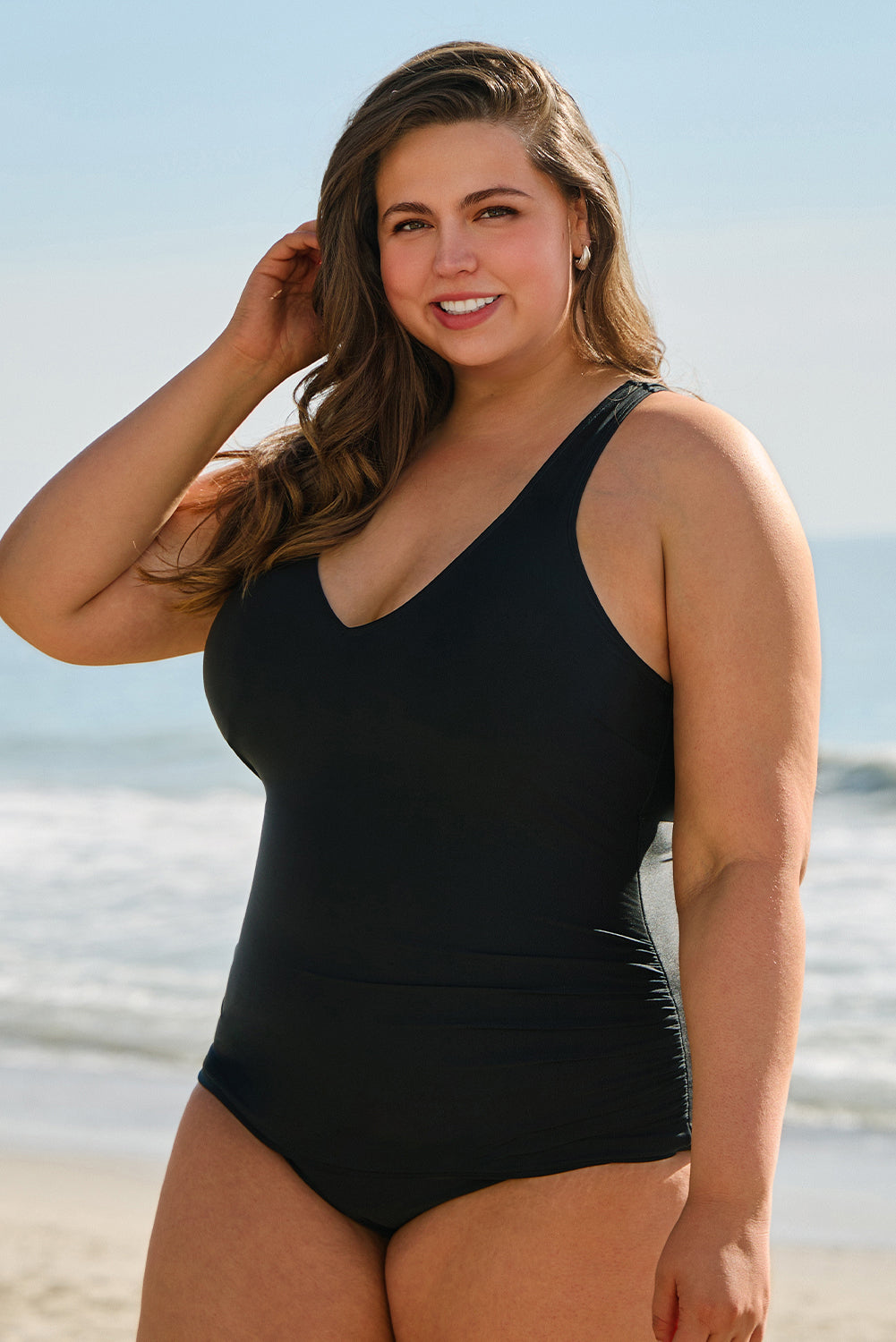 Black Solid Color U Neck Padded Plus Size One Piece Swimsuit