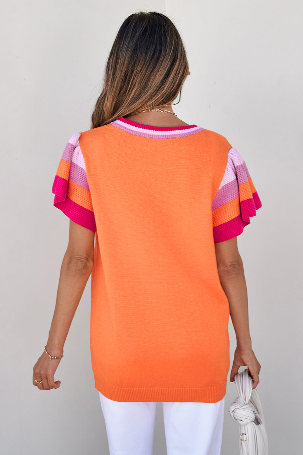 Bright Pink Contrast Flutter Sleeves Knitted Sweater T Shirt