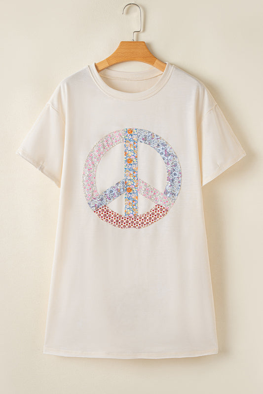 White Floral Peace Sign Graphic T Shirt Dress