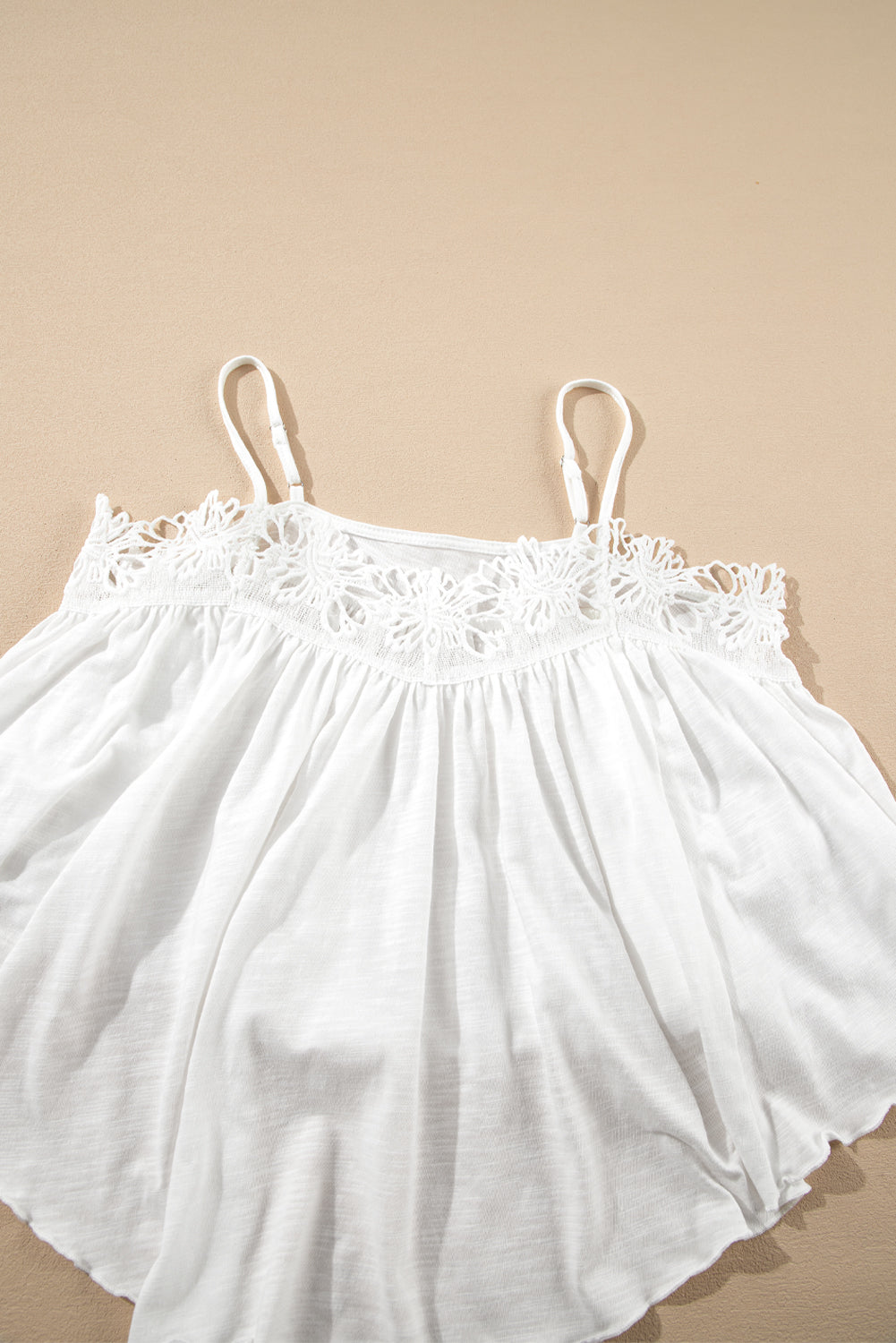 White Lace Splicing Spaghetti Straps Ruffle Flared Tank Top