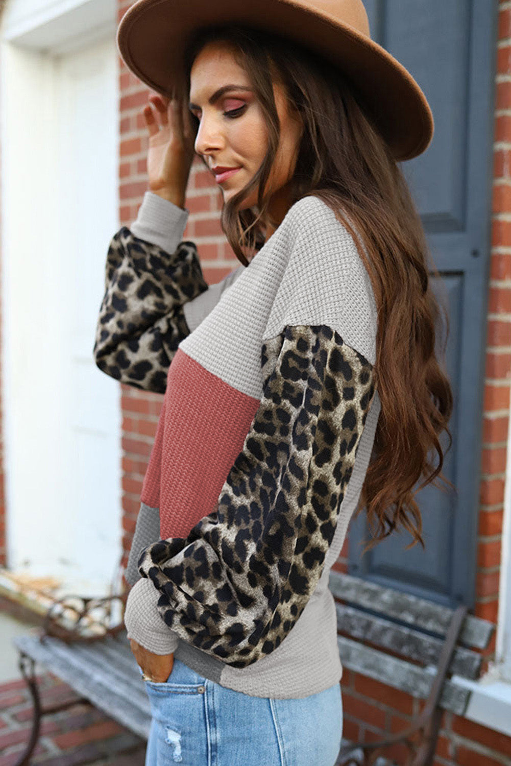 Fiery Red Wild Leopard Contrast Sleeve Colorblock Waffle Knit Top