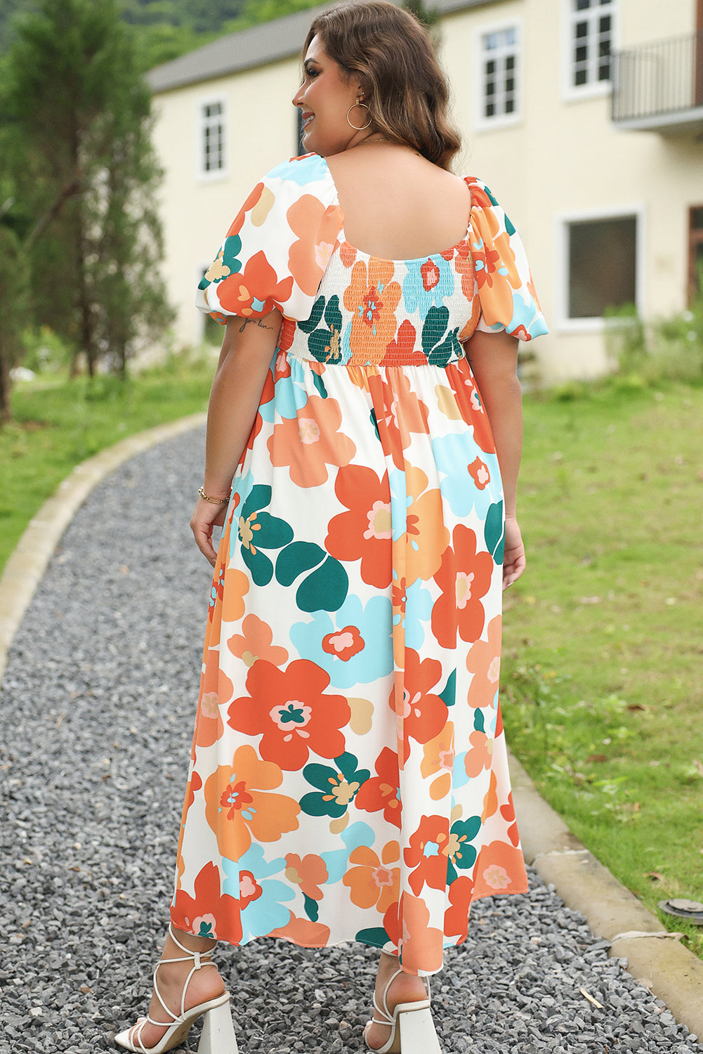 Orange Plus Size Flower Print Shirred Square Neck Maxi Dress