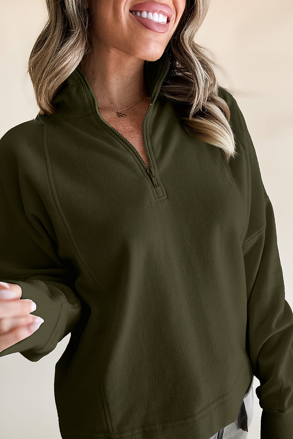 Black Zipped Neck Pullover Drop Shoulder Sweatshirt