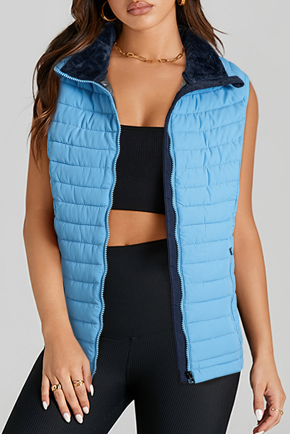 Burgundy Plush Collared Quilted Zipped Puffer Vest