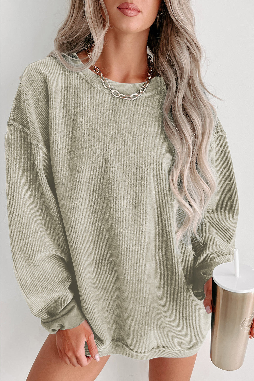 Black Solid Ribbed Knit Round Neck Pullover Sweatshirt