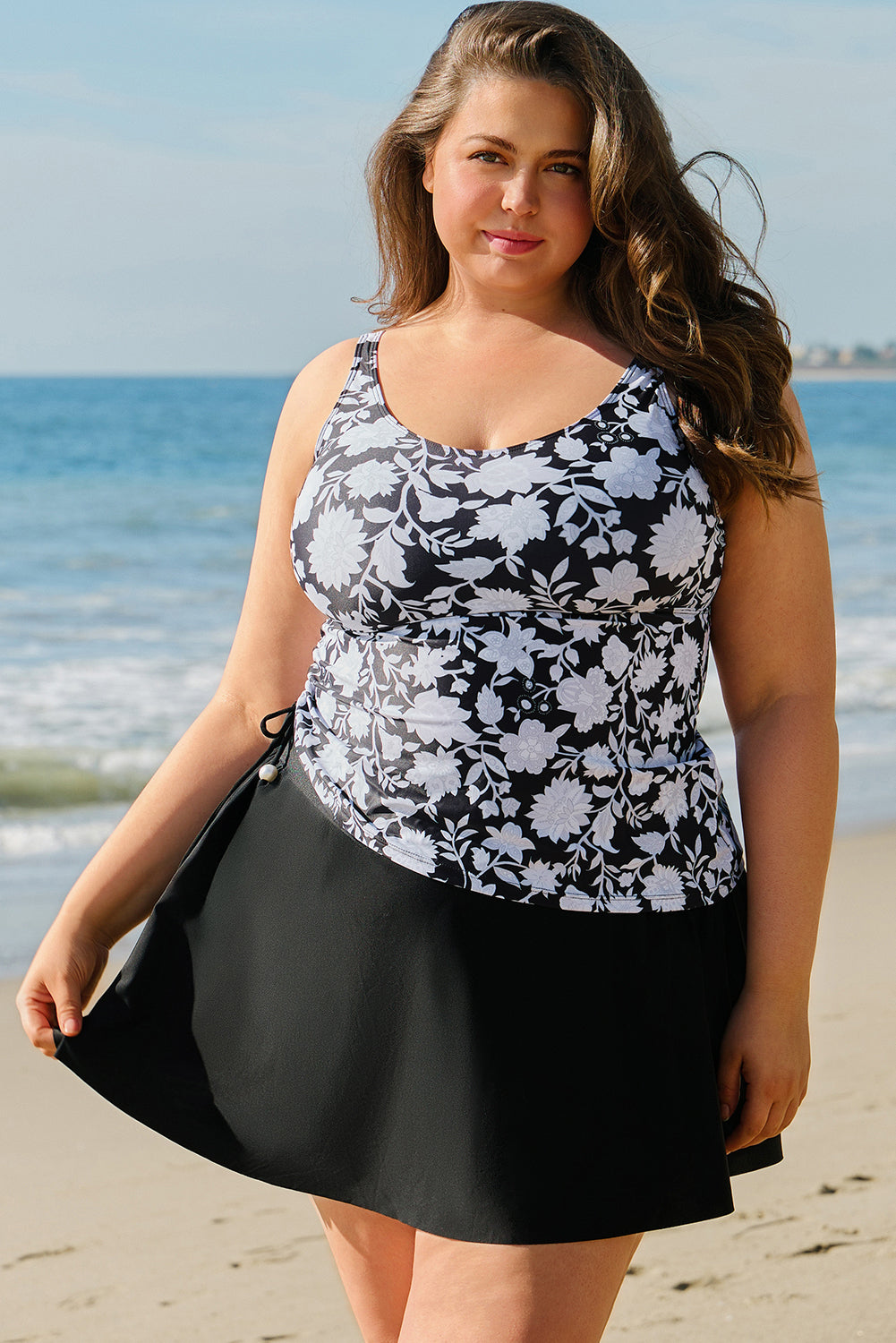 Black Plus Size Printed Square Neck Drawstring Ruffled Tankini Set