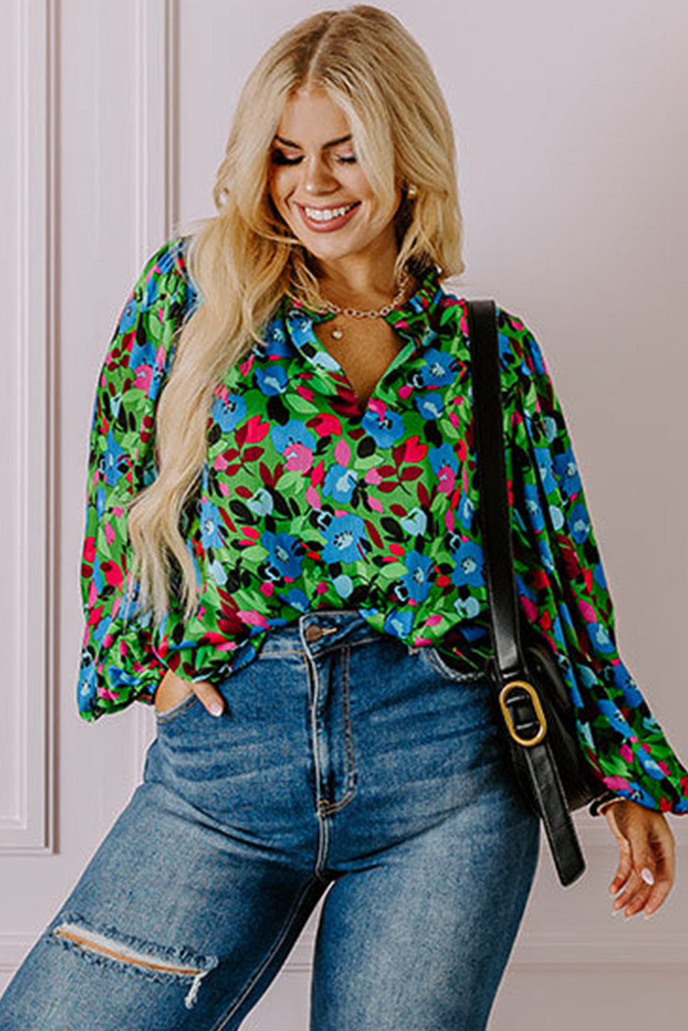 Green Plus Size Floral Bubble Sleeve V Neck Blouse