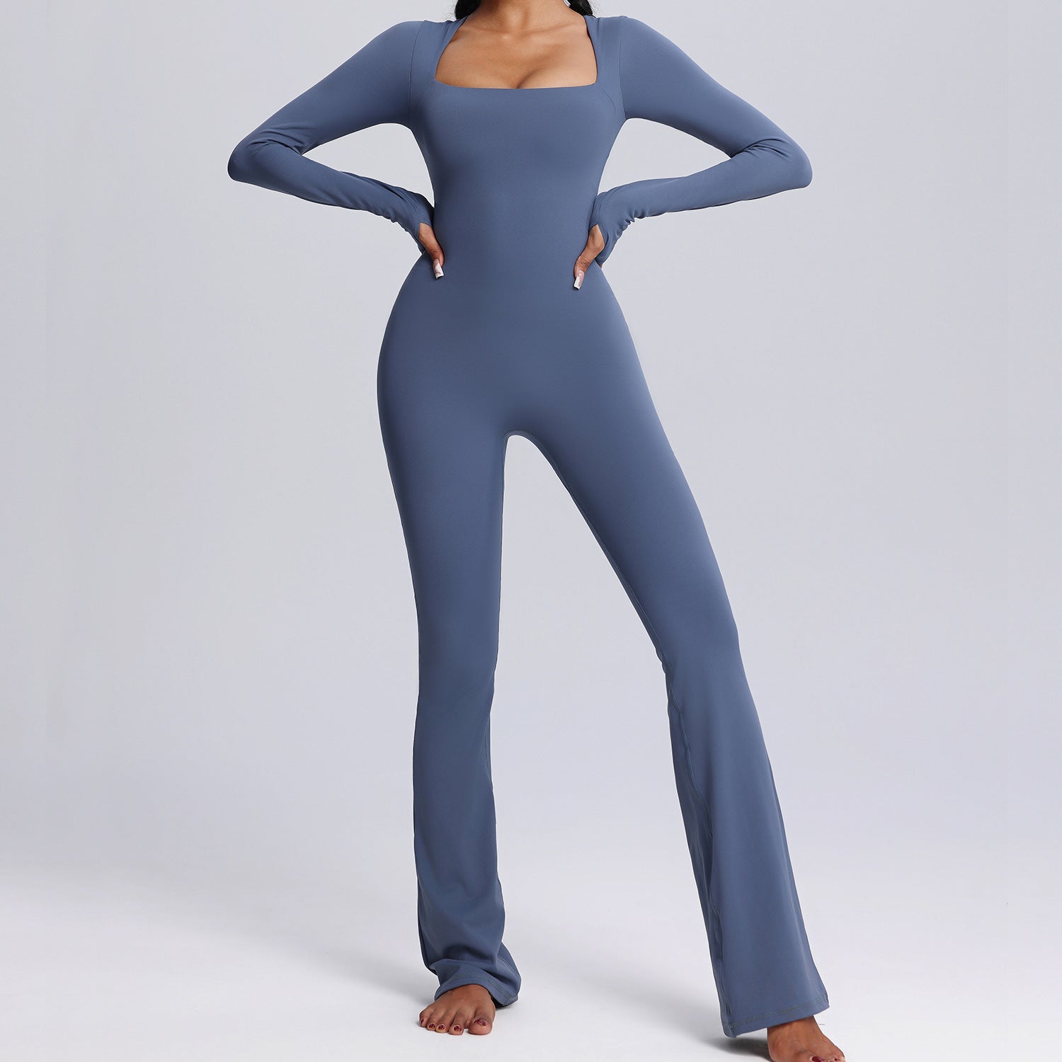 Square Neck Long-sleeved Yoga Flared Pants Breathable Jumpsuit