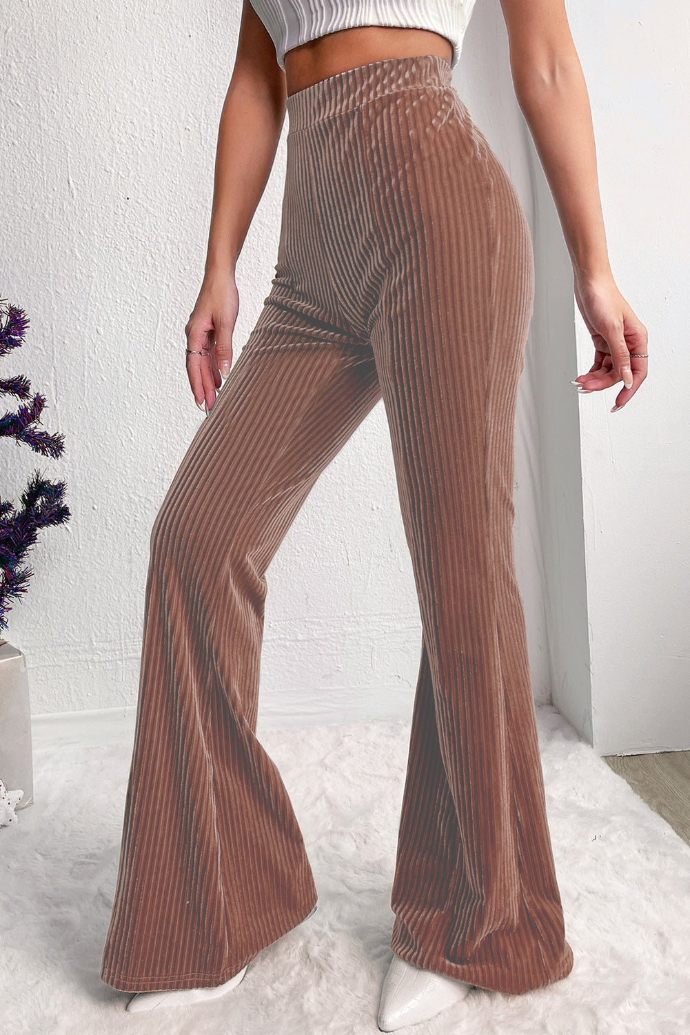 Chestnut Solid Color High Waist Flare Corduroy Pants