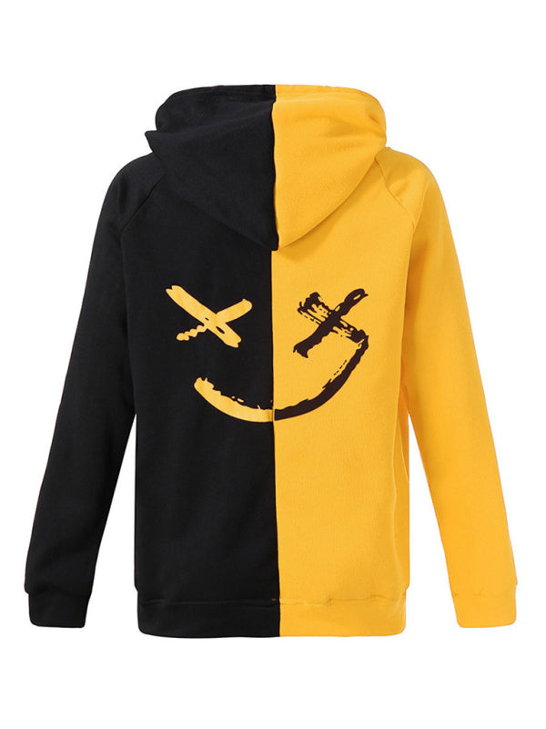 Men's Color Block Smiley Sweatshirt Men's Long Sleeve Sports Hooded Top