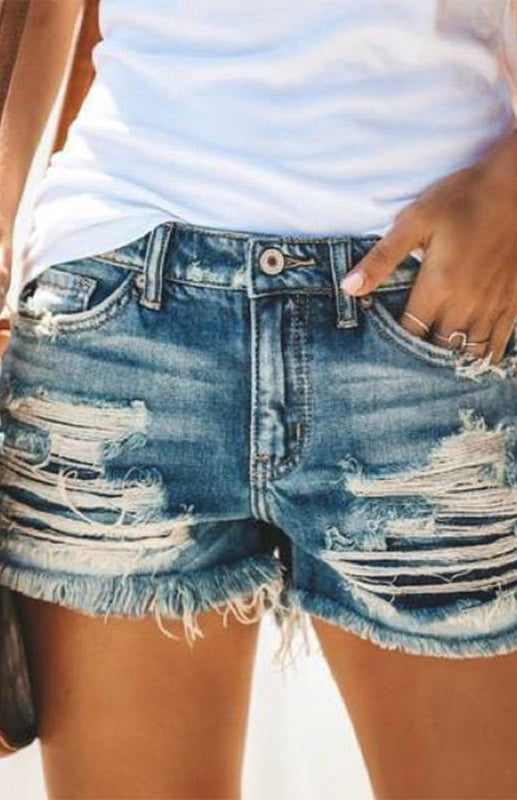 Women's High-Waisted, Fringed, Cut-Out Denim Shorts