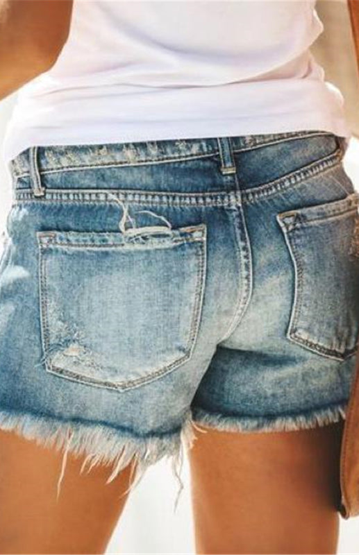 Women's High-Waisted, Fringed, Cut-Out Denim Shorts