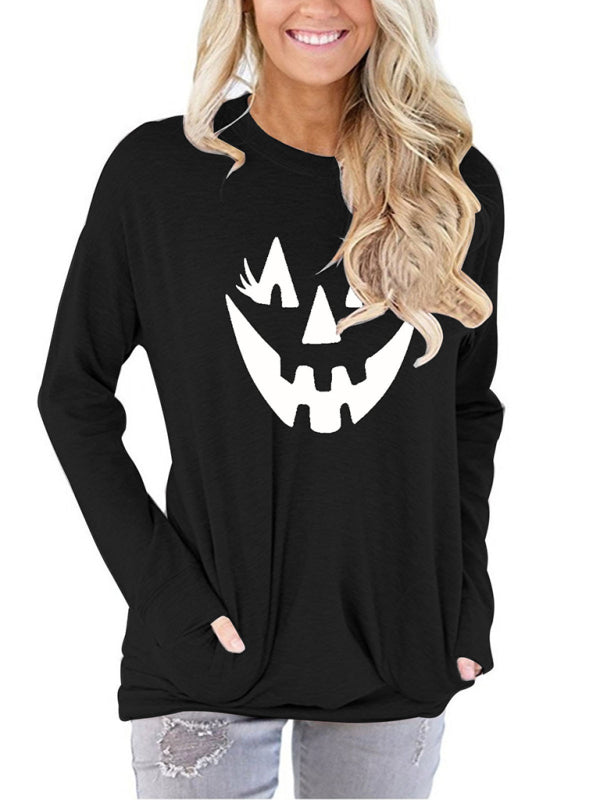 Women's Halloween face print round neck Pullover