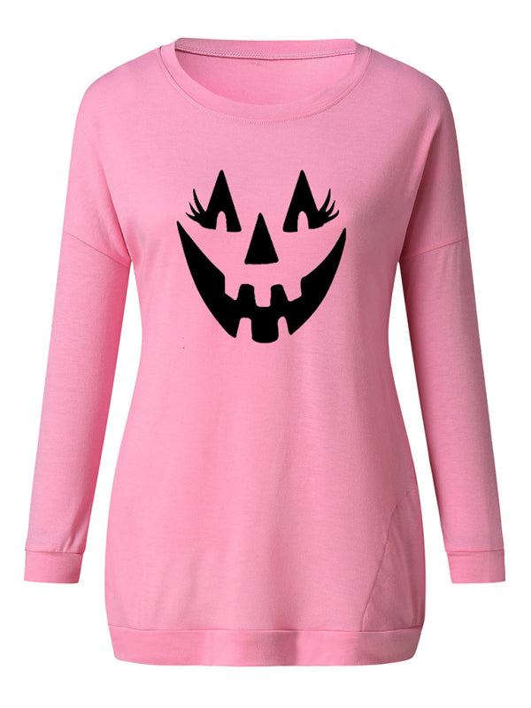 Women's Halloween face print round neck Pullover