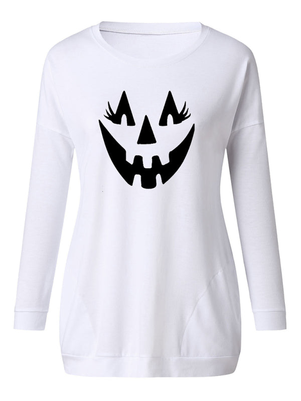 Women's Halloween face print round neck Pullover