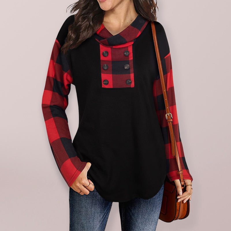 New stitching long-sleeved printed plaid hooded sweater T-shirt for women