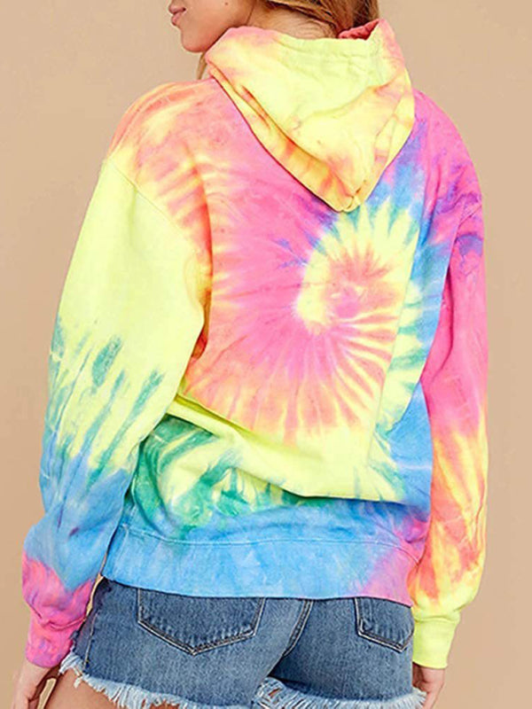 Spring autumn winter new women's top tie-dye hooded long-sleeved pocket sweater