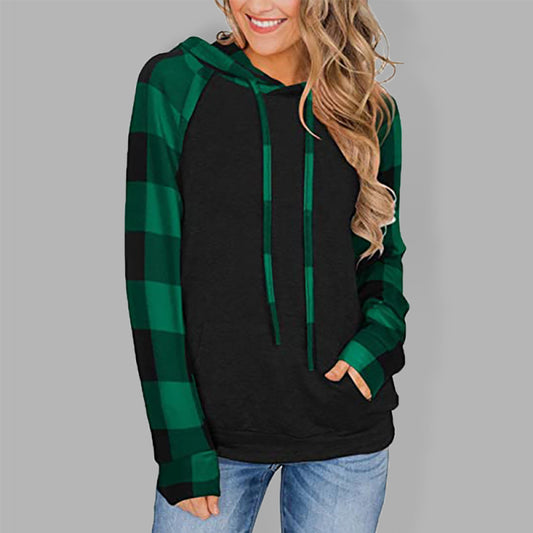 Women's Long Sleeve Printed Sports Plaid Hooded Women's Sweatshirt T-Shirt