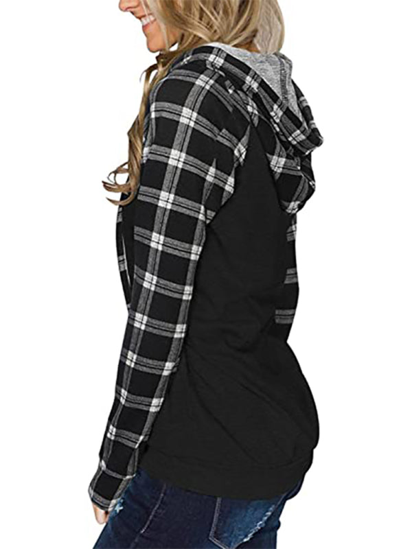 Women's Long Sleeve Printed Sports Plaid Hooded Women's Sweatshirt T-Shirt