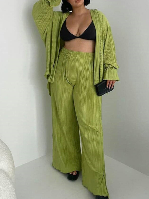 Women's Solid Color Pressed Pleated Long Sleeve Cardigan Shirt Slit Top Trousers Two-Piece Set