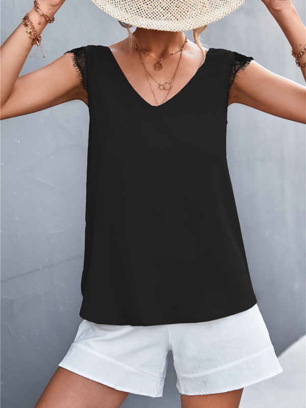 Women's V-neck Lace Stitching Casual Sleeveless Tank Top