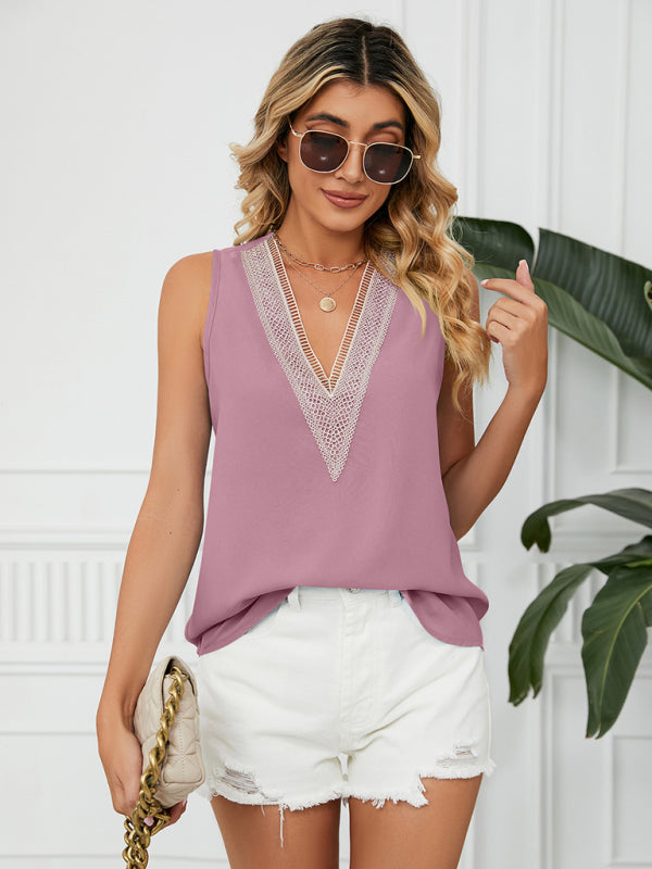 Women's Solid Color Chiffon Loose V Neck Sleeveless Tank Top