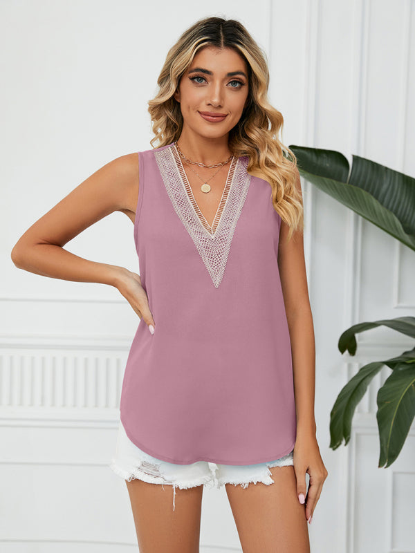 Women's Solid Color Chiffon Loose V Neck Sleeveless Tank Top