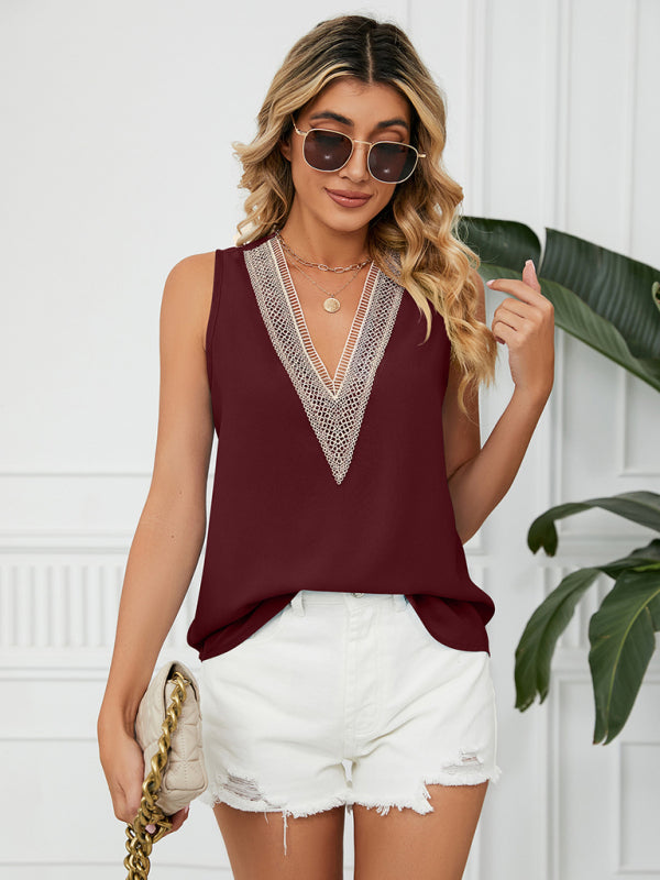 Women's Solid Color Chiffon Loose V Neck Sleeveless Tank Top