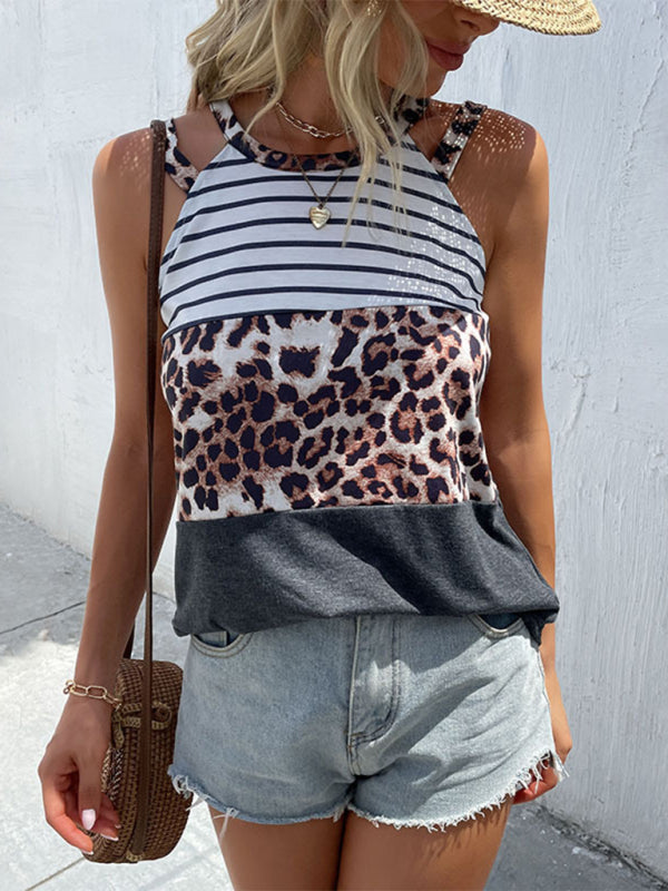 Women's Leopard Panel Sleeveless Halter Tank Top