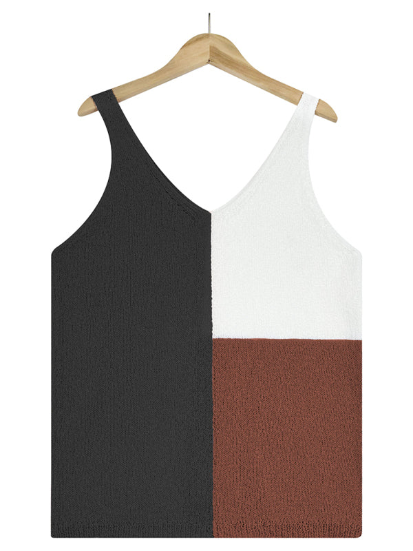 Women's Splicing Contrasting Color V-neck Casual Knit Tank Top