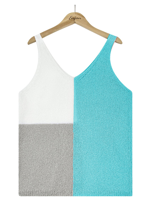 Women's Splicing Contrasting Color V-neck Casual Knit Tank Top