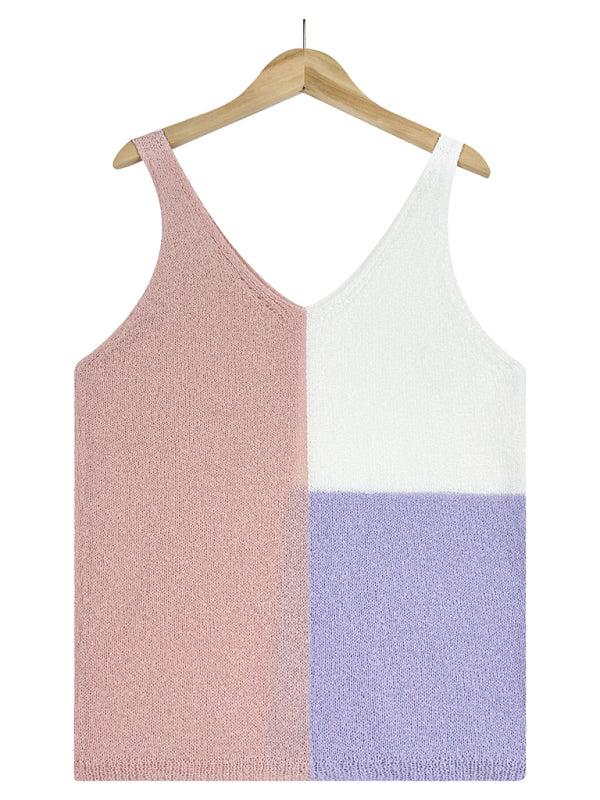 Women's Splicing Contrasting Color V-neck Casual Knit Tank Top