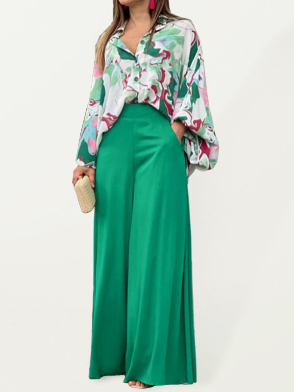 Summer loose casual printed shirt top wide-leg pants two-piece set