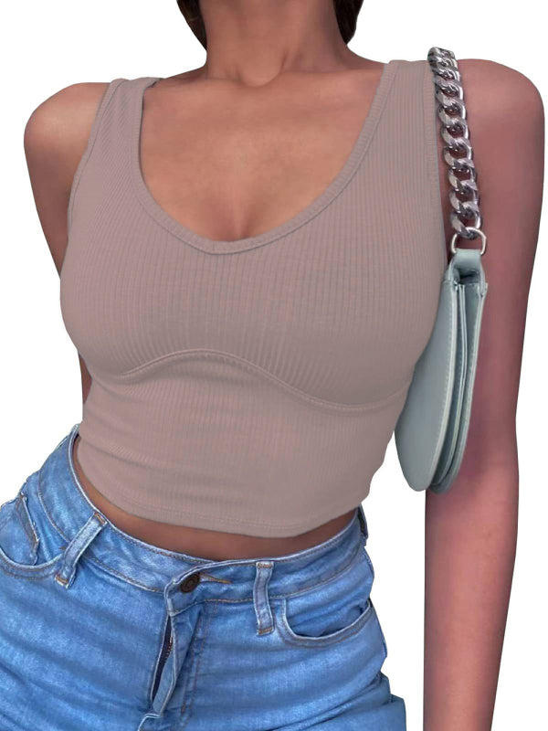 Women's V-Neck Stitching Stretch Solid Color Knit Tank Top