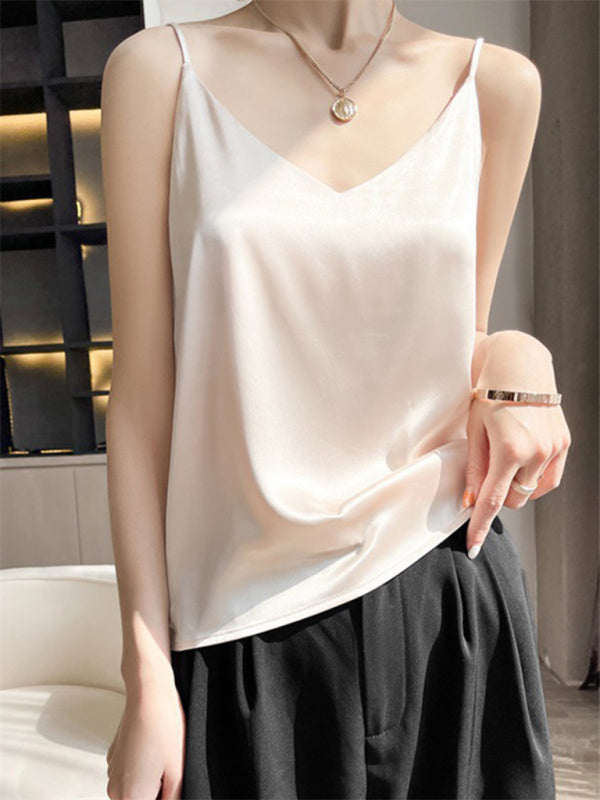 Satin V-neck camisole bottoming shirt sexy outerwear summer short silk