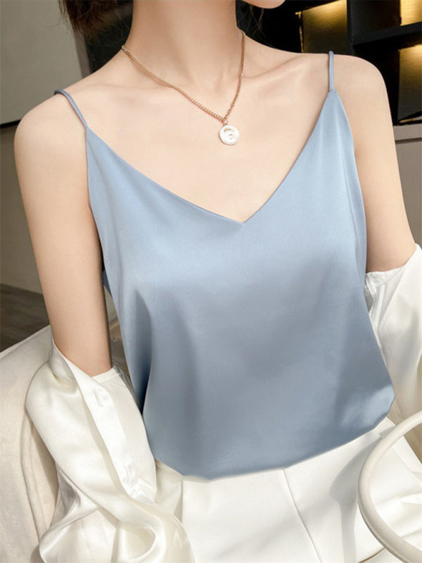 Satin V-neck camisole bottoming shirt sexy outerwear summer short silk