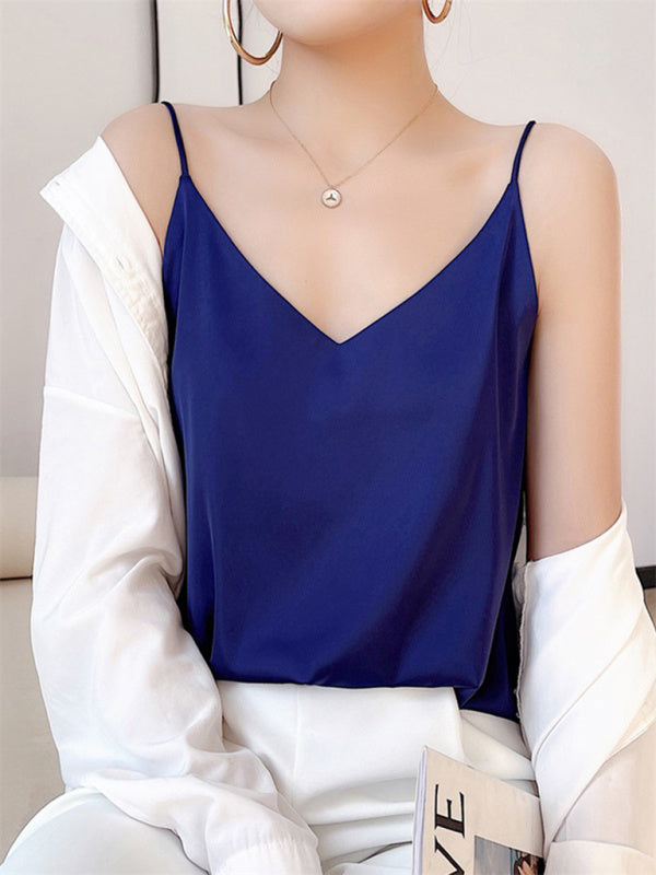 Satin V-neck camisole bottoming shirt sexy outerwear summer short silk