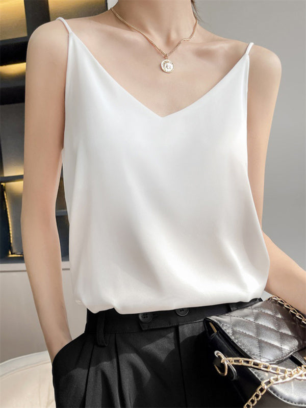 Satin V-neck camisole bottoming shirt sexy outerwear summer short silk