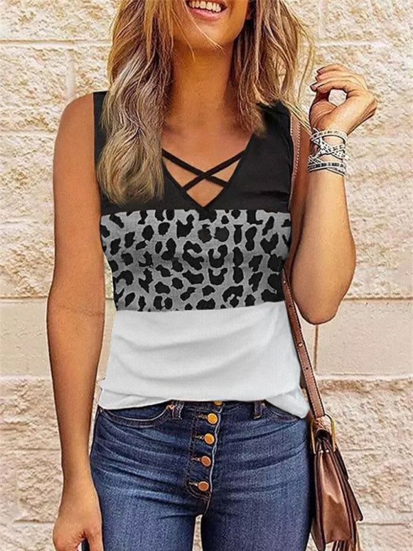 New women's leopard stitching V-neck top