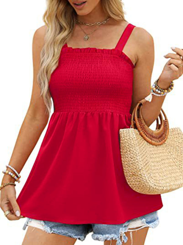 Women's Solid Color Camisole Ruffle Pleated Tank Top