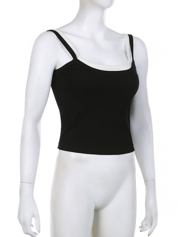 Women's Black and White Contrasting Color False Two-piece Stitching Slim Camisole Top